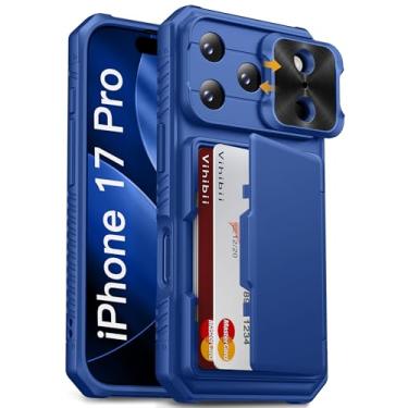 Imagem de Vihibii Capa carteira para iPhone 17 Pro com suporte para cartão (4 cartões) [bloqueio RFID] e capa de câmera deslizante, proteção contra quedas de grau militar, capa de telefone rígida robusta e