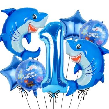 Imagem de Decorações de festa de aniversário de tubarão, balão azul número 1 de 101 cm, balões de tubarão, decorações de 1º aniversário menino