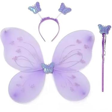 Imagem de Kit Fantasia Borboleta Infantil, Asas Lilás com Glitter, Tiara e Varinha Mágica, 3 Peças