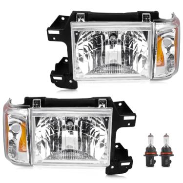 Imagem de Conjunto de farol compatível com Ford Bronco F150 F250 F350 F450 caminhão 1987-1991 lâmpada de cabeça tipo halogêneo, substituição de farol estilo OE para E9TZ13008C E9TZ13008D, cromo + par âmbar
