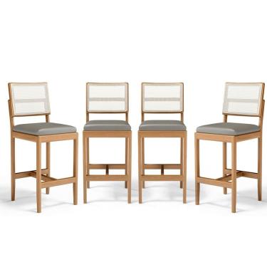 Imagem de Kit Com 4 Banquetas Milena Madeira Maciça Assento Estofado Encosto De Tela Sintética