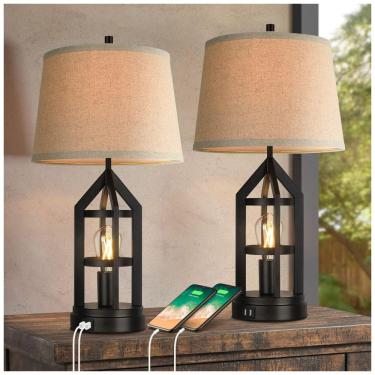 Imagem de Kit 2 Luminárias de Mesa Vintage em Metal e Abajur de Tecido, BESLOWE, Preto