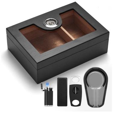 Imagem de Umidor de Cedro Espanhol para 25-50 Charutos c/ Higrômetro, Umidificador, Cinzeiro, Cortador e Isqueiro - Kit Completo de