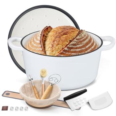 Imagem de E-far Panela de forno holandês esmaltada para assar pão, panelas de ferro fundido esmaltado de 6 litros com tampa autobasting e suprimentos para assar pão de fermento, caçarola resistente e alças