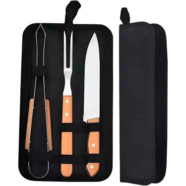 Imagem de Kit Churrasco 3 Peças em Aço Inox com Estojo – Faca, Garfo e Pegador com Cabo Térmico | Ideal para Churrasqueiros, Camping e Presentes