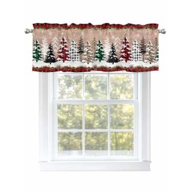 Imagem de Merry Christmas Valances para janelas de inverno árvores de Natal floco de neve cortinas de saia de cozinha para janelas de sala de estar/banheiro, cortina de café com bolso de haste. 1 painel, 137 cm