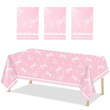 Imagem de 3 peças de toalha de mesa com laço coquete, capas de mesa com tema de laço à prova d'água, decorações de festa com laço de aniversário para mulheres, lembrancinha de despedida de solteira (fundo rosa)