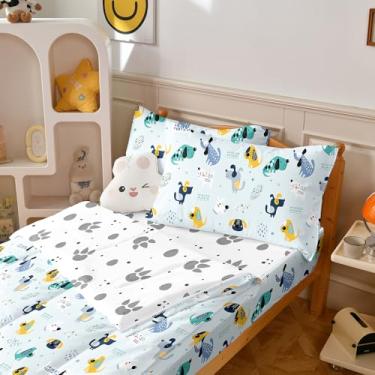 Imagem de Yadangxiawa Jogo de edredom infantil, solteiro, com estampa de cachorro, azul, com pata, lençol com elástico e fronhas para todas as estações (solteiro com cachorro azul)