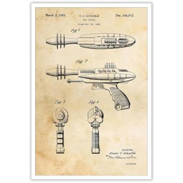 Imagem de Pôster retrô de brinquedo de arma a laser arte de parede em tela patente dos Estados Unidos arte de parede futurista ficção científica espacial, pintura para sala de estar, quarto, escritório
