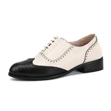 Imagem de U-lite Sapato Oxford Oxford feminino com cadarço perfurado e ponta de asa de couro multicolorido vintage, Preto Off White-dq22, 40 BR