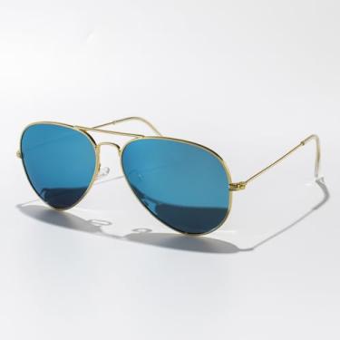 Imagem de Óculos de sol piloto clássicos de metal duplo para homens e mulheres, óculos de sol retrô para dirigir para viagens ao ar livre, moda UV400, Armação dourada/lente espelhada azul, Lens Width: 58