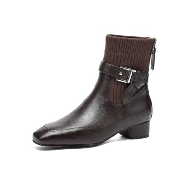 Imagem de TinaCus Botas femininas de couro genuíno e tricô com zíper no tornozelo bico quadrado fivela feita à mão salto baixo grosso, Marrom, 39