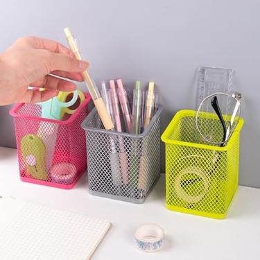 Imagem de Suporte de caneta para mesa, lápis quadrado colorido de malha de arame e porta-copos de pincel de maquiagem para casa, escritório, escola, organizador de mesa e material de escritório, prata