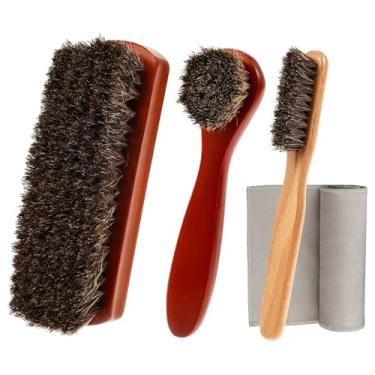 Imagem de Kit de 4 pincéis de sapatos de crina de cavalo, conjunto de pincéis eficientes, kit de limpeza de couro multifuncional para limpeza e polimento de botas ZJMCAJY