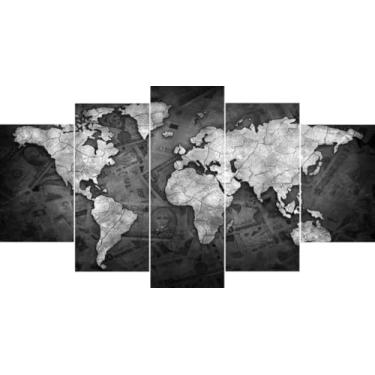 Imagem de Kit quadro decorativo 5 peças 95x60cm mapa mundi preto e branco