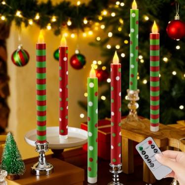 Imagem de Sariiraw 6 velas afuniladas de elfo vermelho e verde de Natal, castiçais de LED operados por bateria de 26 cm com temporizador remoto e modos cintilantes para decoração de mesa de Natal