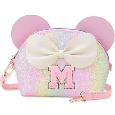 Imagem de Kejea Bolsa infantil para presentes infantis - Carteira de princesa, bolsa tiracolo com flores de pérolas, bolsas de ombro fofas com inicial, Glitter Rainbow