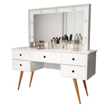 Imagem de Penteadeira Camarim Com Led Espelho Bancada De Maquiagem Pé Madeira Retrô 5 Gaveta Branco