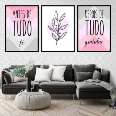 Imagem de Kit 3 Quadros Decorativos Fé Gratidão Rosa Cinza Folha - Quadros On-Li