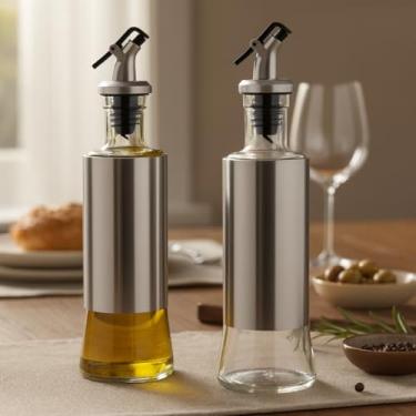 Imagem de Kit 2 Galheteiro de Azeite e Vinagre, Vidro e Aço Inox, Cilíndrico, Transparente/Prata, 26cm x 6cm, Acabamento Polido, 400g, 300ml, Lavável à Mão, Com Tampa Dosadora
