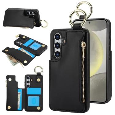 Imagem de Capa carteira para Samsung Galaxy S24 FE, 3 compartimentos para cartão, 1 bolso com zíper, suporte de fecho magnético com suporte de anel à prova de choque com bloqueio de RFID (preto)