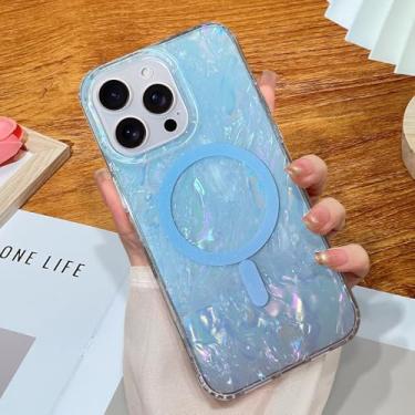 Imagem de SAKULLO Capa para iPhone 16 Pro Max com design de pérola iridescente [compatível com MagSafe] linda capa magnética transparente brilhante para mulheres meninas de 6,9 polegadas, glitter pérola azul