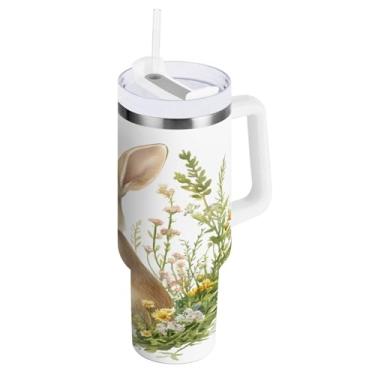 Imagem de ATTX Copo de coelho fofo de Páscoa de 850 g com alça, copo de aço inoxidável a vácuo de parede dupla com palha, caneca de café de viagem isolada #582