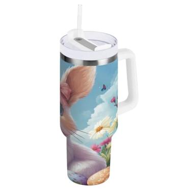 Imagem de ATTX Copo de coelho fofo da Páscoa de 850 g com alça, copo de aço inoxidável a vácuo de parede dupla com palha, caneca de café de viagem isolada #126