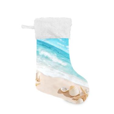 Imagem de Blueangle Pacote com 2 meias bonitas de Natal com cenário de praia de 48 cm para decorações de festas de fim de ano, porta-presentes e meias (474)