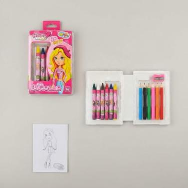 Imagem de Kit Escolar Infantil 18 Peças com 6 Lápis de Cor, 6 Gizes de Cera, 4 Desenhos para Colorir, Borracha e Apontador, Resina Plástica, para Crianças acima de 4 Anos