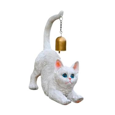 Imagem de FashionCha Estatueta de Gato com Sino de Vento E Sino de Metal, Ornamento Artístico Feito de Resina, Estatueta de Animal, Estatueta de Gatinho para Jardim, Terra, Branco, Tamanho real