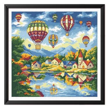 Imagem de FREEBLOSS Kits de ponto cruz de 11 quilates carimbados gama completa de kits de bordado para iniciantes kit de pintura de parede de ponto cruz com instruções padrão de cenário de balão de ar quente