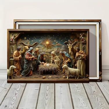 Imagem de Adoração de presépio com arte de parede emoldurada em estrela pronta para pendurar impressões para decoração de casa, ideia de presente para sala de estar e quarto, escritório, festa de festival