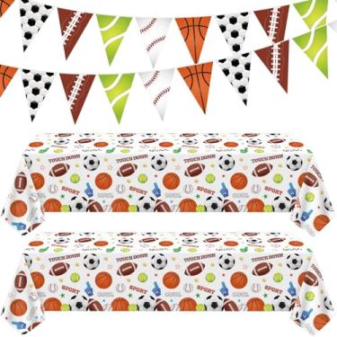 Imagem de TJYJOY Pacote com 4 toalhas de mesa esportivas para decoração de festa de futebol com tema esportivo, toalha de mesa descartável, guirlanda de beisebol, triângulo, faixa de basquete para meninos