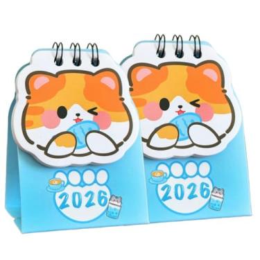 Imagem de 2 peças mini 2026 calendário de mesa com desenho animado de gato, calenda de mesa de gato fofo, material escolar de escritório, agenda diária, organizador anual, decoração de mesa - material de