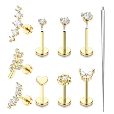 Imagem de ZELORES Brincos de cartilagem para mulheres, hipoalergênicos, aço cirúrgico, costas planas, conjunto de brincos banhados a ouro 18 K, brincos de nariz com parafuso no lábio labret helix tragus