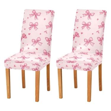 Imagem de SEHANY Conjunto de 2 capas de cadeira com laço de bolinhas rosa para sala de jantar, elástico, removível e lavável, para cozinha, hotel, festa, Natal