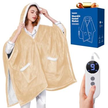 Imagem de Yokimisu Cobertor aquecido vestível – presente aconchegante para mulheres, mães, homens| Flanela reversível e sherpa elétrica com bolsos e capuz, 6 níveis de calor, temporizador 1-4H, seguro ETL