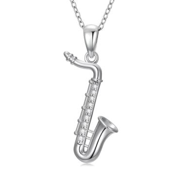 Imagem de SELKAT Colar com pingente de instrumento musical de prata esterlina 925, pingente musical feminino, teclado de piano/flauta/harpa/violino/saxofone, incrustado com zircônia cúbica, presente de joia