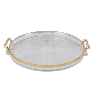 Imagem de Bandeja Redonda com Alça Dourada de Serviço Elegante Multifuncional para Frutas Sobremesas e Petiscos Borda Transparente Alças Resistentes Fácil Limpar Ecológico PS Solução Prática Armazenamento