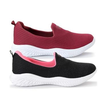 Imagem de Kit 2 Sapatilha Feminina Ortopédica Calce Fácil Sem Cadarço Facite Esporão Leve Confortável (Preto/Rosa e Bordo, BR, Adulto, Numérico, 36)