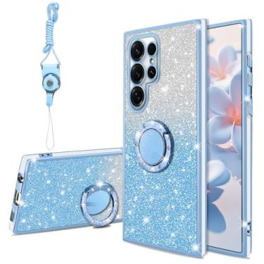 Imagem de KuDiNi Capa de telefone para Samsung Galaxy S25 Ultra 6,9 polegadas linda brilhante brilhante fina TPU brilhante brilhante com glitter capa com suporte e alça, capa protetora feminina à prova de
