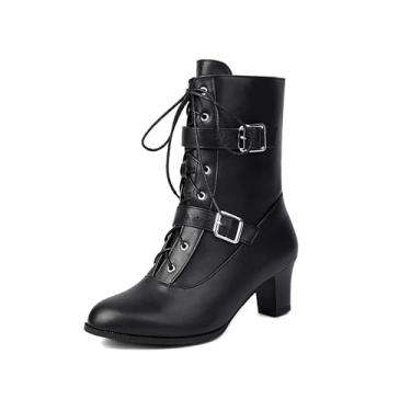 Imagem de Voviggiw Botas Femininas De Cano Curto Com Cadarço, Fivela, Zíper Lateral, Estilo Vitoriano, Salto Gatinho, Pretas, Tamanho 40