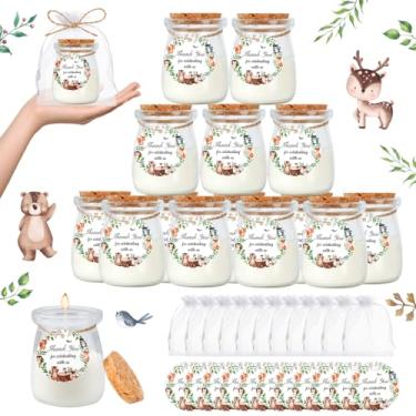 Imagem de 24 peças velas de chá de bebê, lembrancinhas de festa na selva, frascos de vidro perfumado de lavanda, vela de cera a granel com cartões de agradecimento, sacos de organza para convidados, meninos