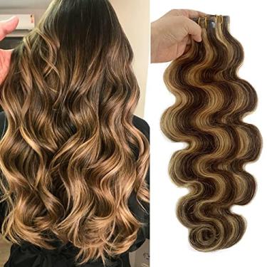 Imagem de Extensões de cabelo de 55,88 cm fita adesiva Remy cabelo humano castanho a loiro destaques 60 gramas/20 peças de extensões de cabelo de fita balayage loira sem costura para mulheres