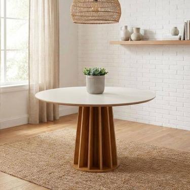 Imagem de Mesa de Jantar Redonda 4 Lugares 105cm X 105cm com Tampo Chanfrado e Base Ripada em Mdf Off White /Freijó