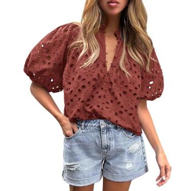Imagem de Blusa Feminina PRETTYGARDEN Decote V com Renda Marrom Vermelho XL