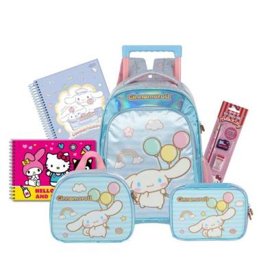 Imagem de Kit Mochila Rodas Cinnamoroll Escolar Lancheira E Estojo Box Cor:Azul 