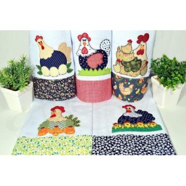 Imagem de Kit Pano de Prato 5 Peças Patchwork Galinhas Algodão Barrado Cozinha M