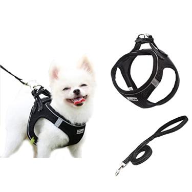 Imagem de Foern Arreios para cães, malha respirável, sem puxar, conjunto de coleira e coleira ajustável e refletor colete para cães caminhando caminhada, caminhada, para cães pequenos, médios, preto, G
